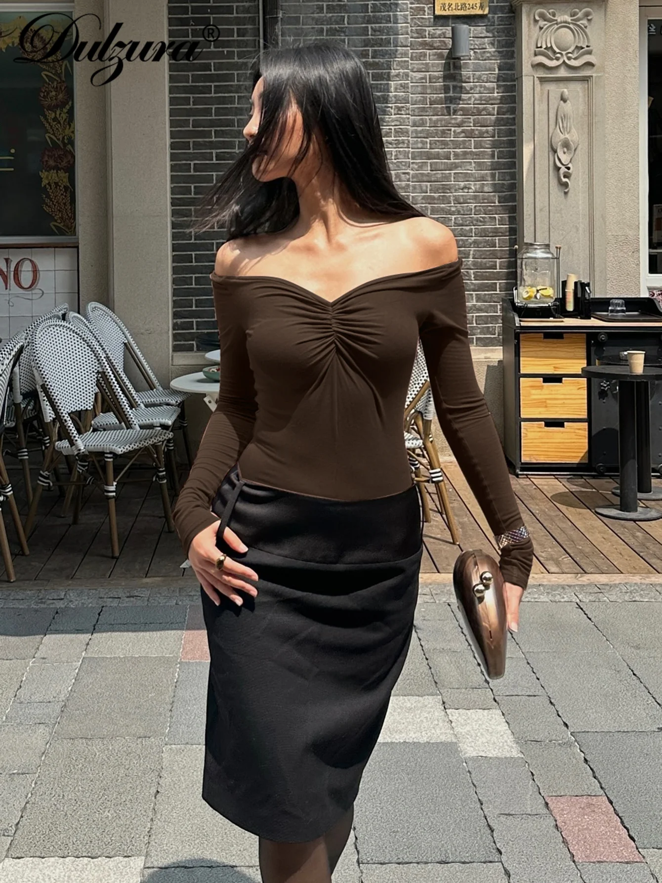 Tactical Zura Off Initiated T-Shirt pour femme, manches longues, froncé, batterie, haut court, solide, sexy, décontracté, fête, streetwear, automne, hiver