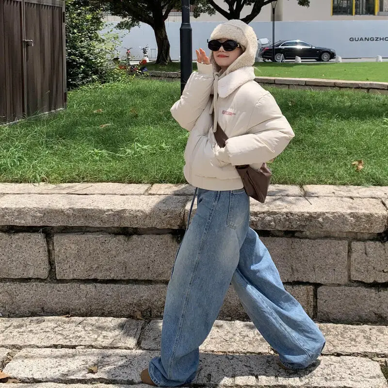 Parka da menina pão algodão-acolchoado jaqueta engrossar outono inverno feminino estudante retro americano gola de pele de cordeiro casaco puffer