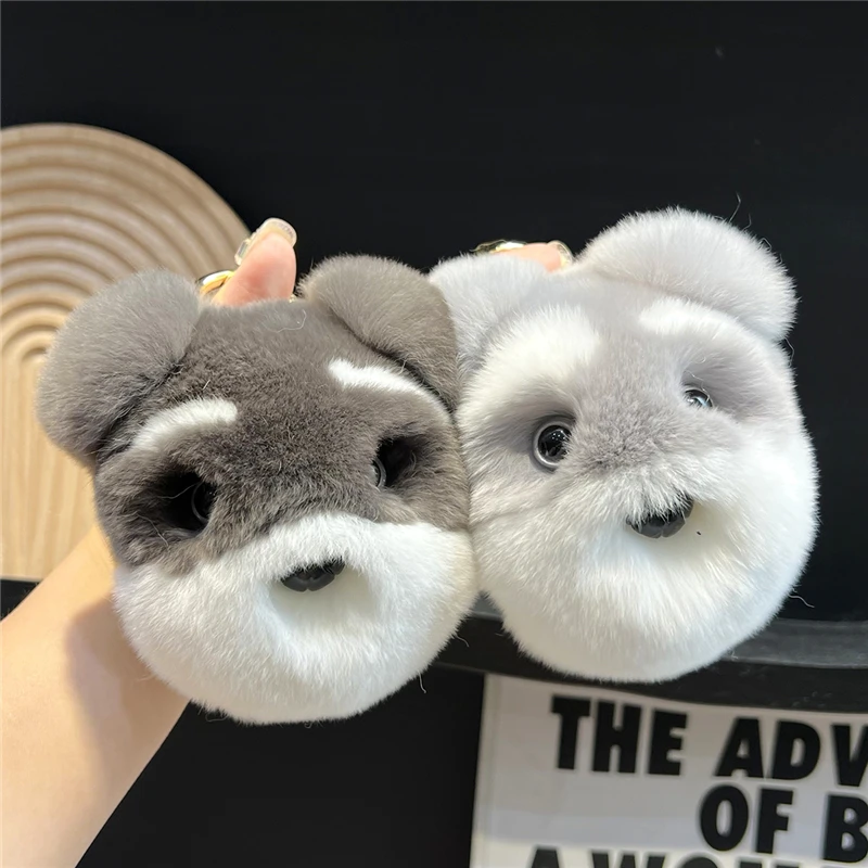 Cute Small Dog Real Rex Rabbit Fur Keychain Plush Ball Women Bag Pendant Car Keyring Jewelry Metal Ring Trinkets Kids Toy Gift