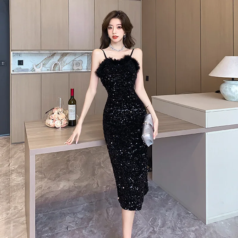 Spaghetti Straps Cocktail Ball Evening Dress for Women Mid-length Sexy Black Sequin Fur Collar Hip Package Evening Gown