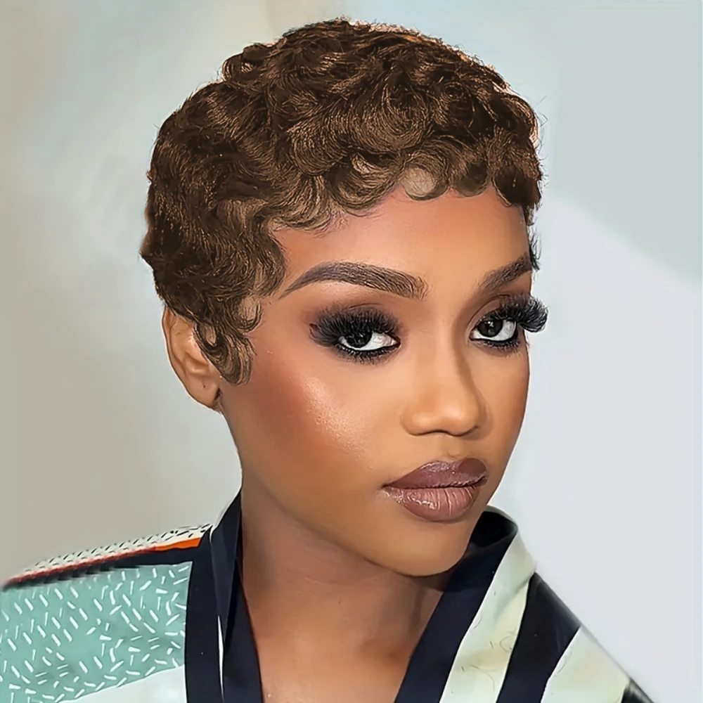 150% Density 6 Inch Pixie Cut Curly Wave Wig Short Human Hair Wigs For Women Full Machine Made Wig