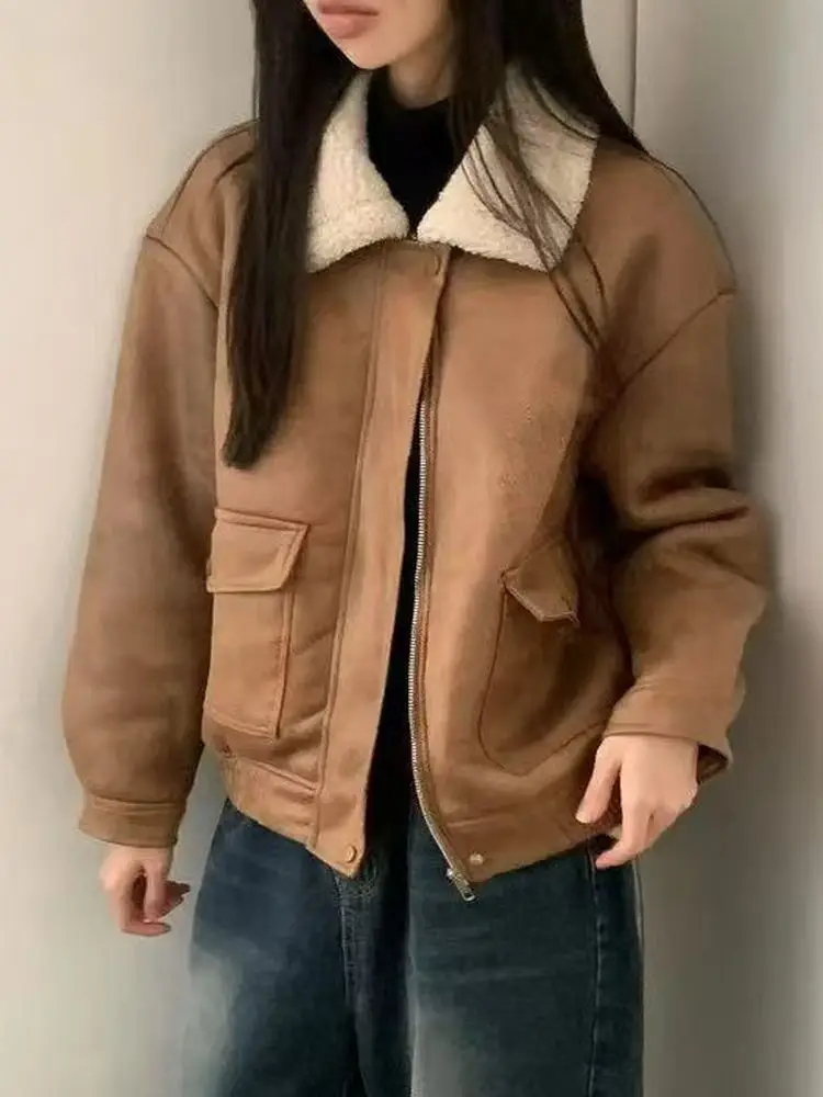 

Ladies' Faux eepskin Cotton Jaet with Flap Collar Loose Fit Warmth Inner Layer Faionable Autumn Winter Outerwear