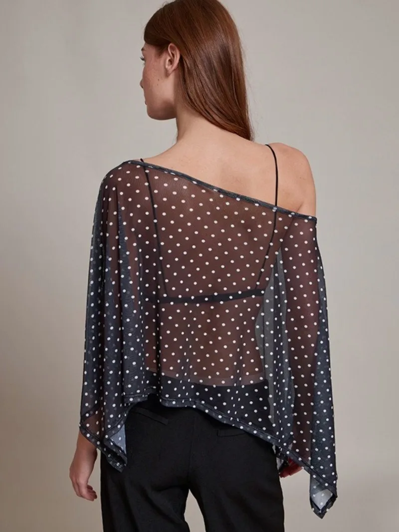 FDYOUI Camicette eleganti sexy con stampa a pois Top per donna 2025 Autunno Lady con spalle scoperte Copricostumi neri irregolari trasparenti