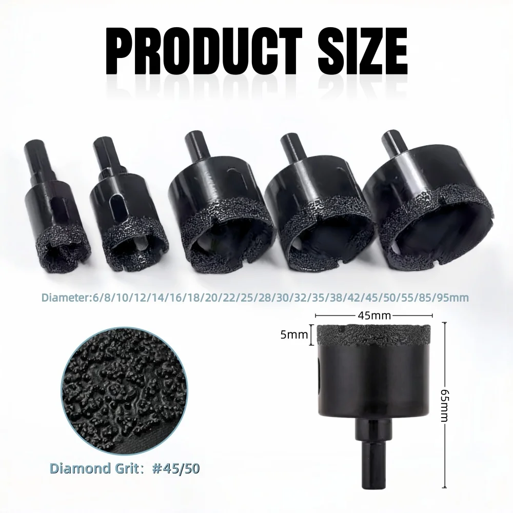 Diamond Brazed Core Dry Drill Bit 1Pc 6-85mm For Porcelain Tiles Marble Glass Granite Hole Cup Saw Cutter Accessories Cutting