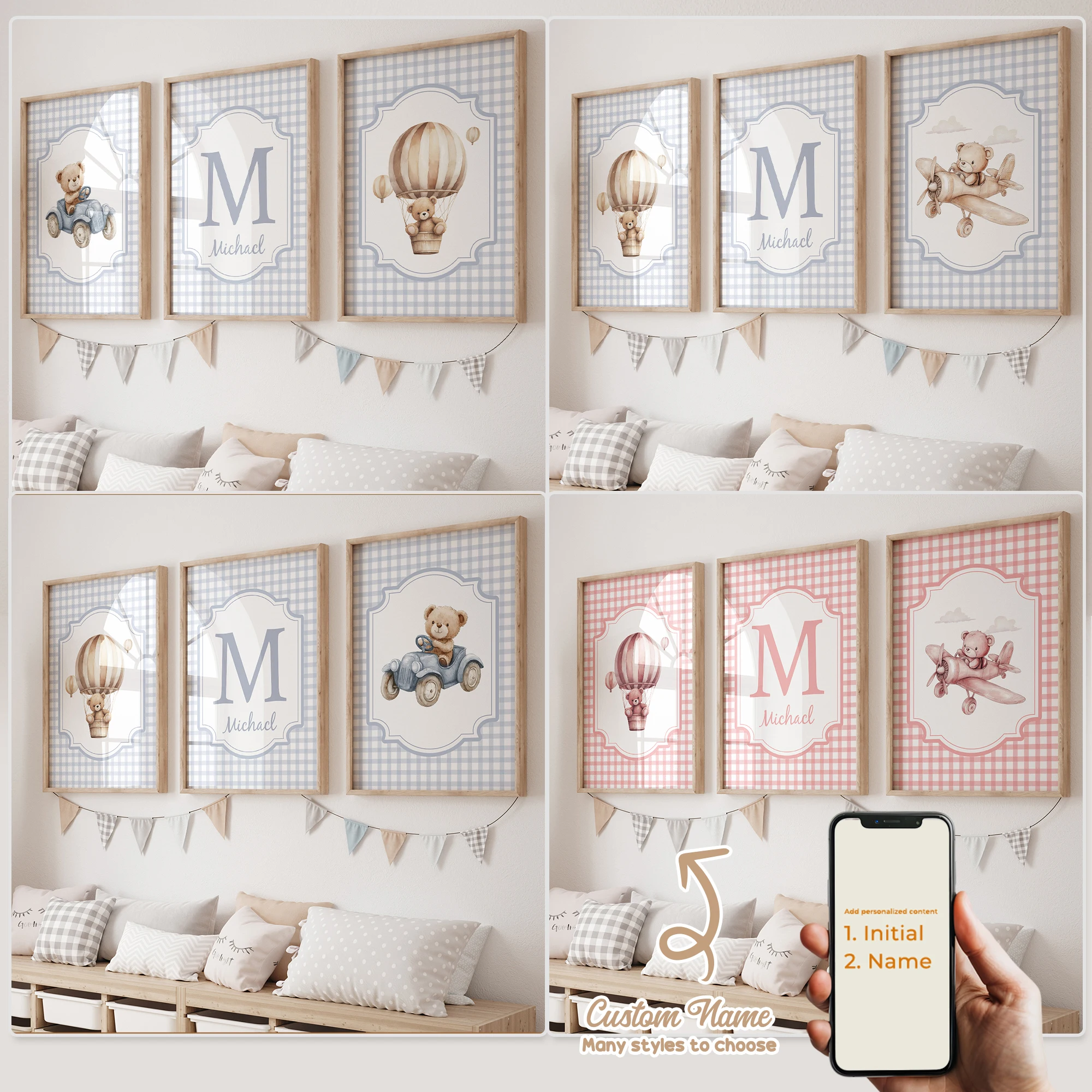 3-teiliges personalisiertes Cartoon-Bären-Wandbild mit individuellem Namen, Kunstdruck auf Leinwand, Poster, Gemälde für Wohnzimmer, Kinderzimmer, Heimdekoration