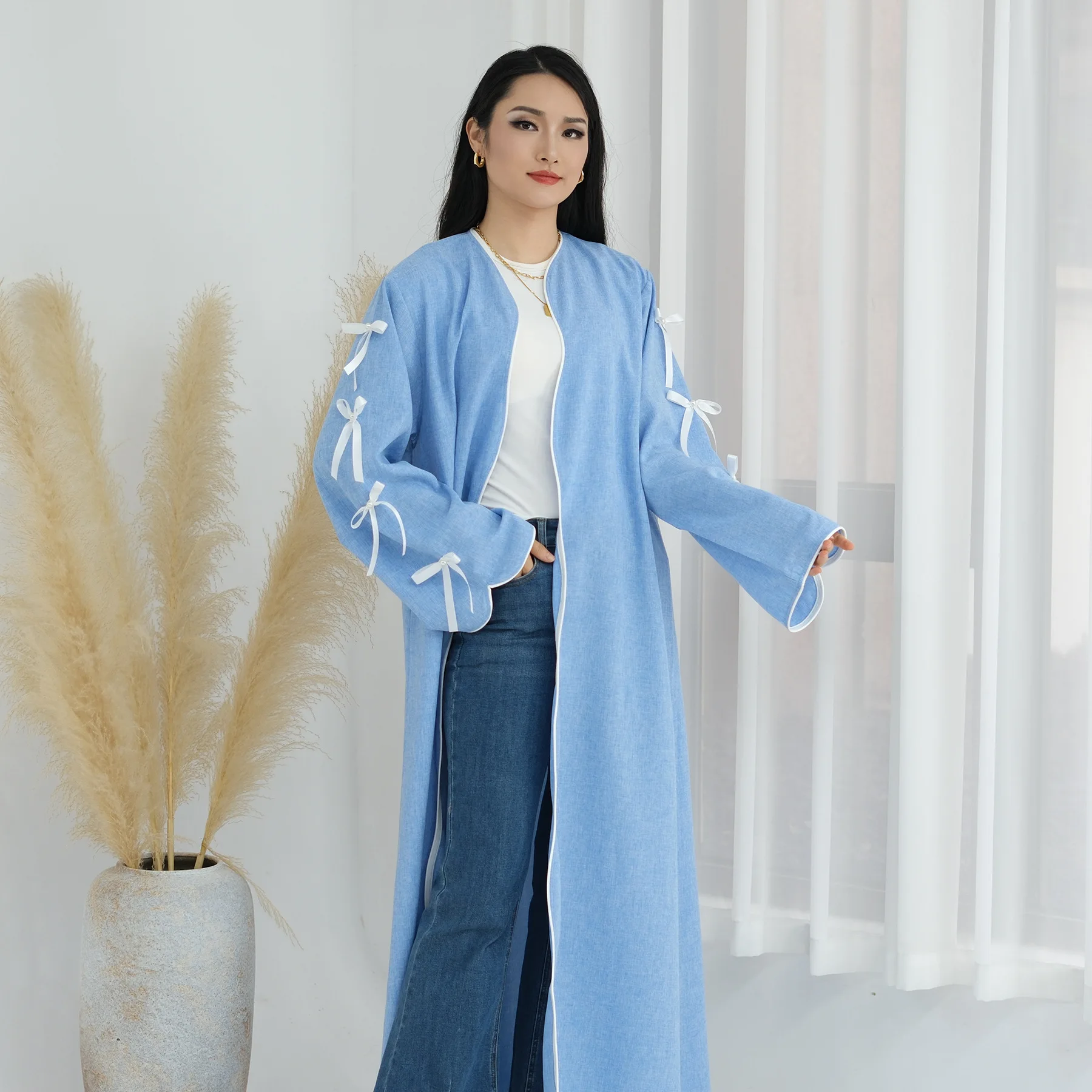 

Праздничная открытая абайя с бантом в дубайском стиле, мусульманское платье для женщин, кафтан, исламская одежда, роба, марокканский кафтан для мусульманок, кимоно, джалабия, платье