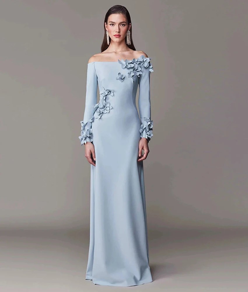 

MCDV Customized Temperament Jersey Mermaid Off the Shoulder 3D Flowers Evening Dress Delicate Boat Neck Bespoke Occasion Gowns