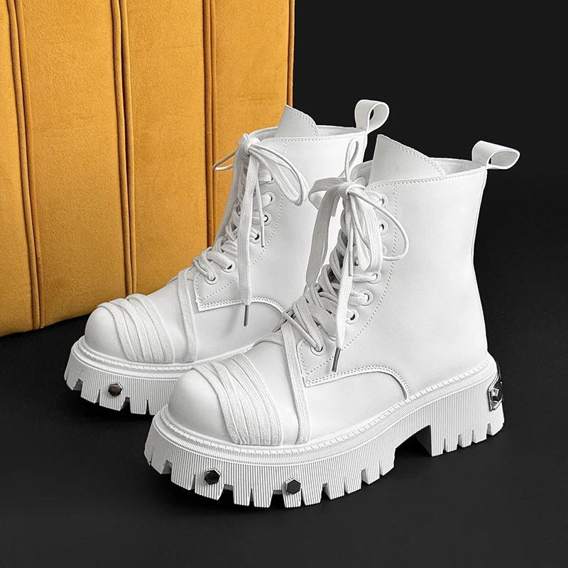 

Design Rivet White Men's Boots Luxury Leather Boots Men Comfort Lace-up Ankle Boots Men High top Motorcycle Shoes Botas Hombre