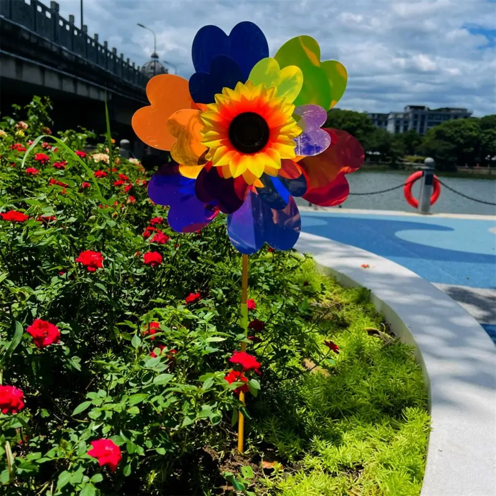 Multistyles Girasole Mulino A Vento Pellicola Cambia Colore Palo In PVC In Piedi Prato Fiore Girandola Picnic Decor Giocattoli 32 cm