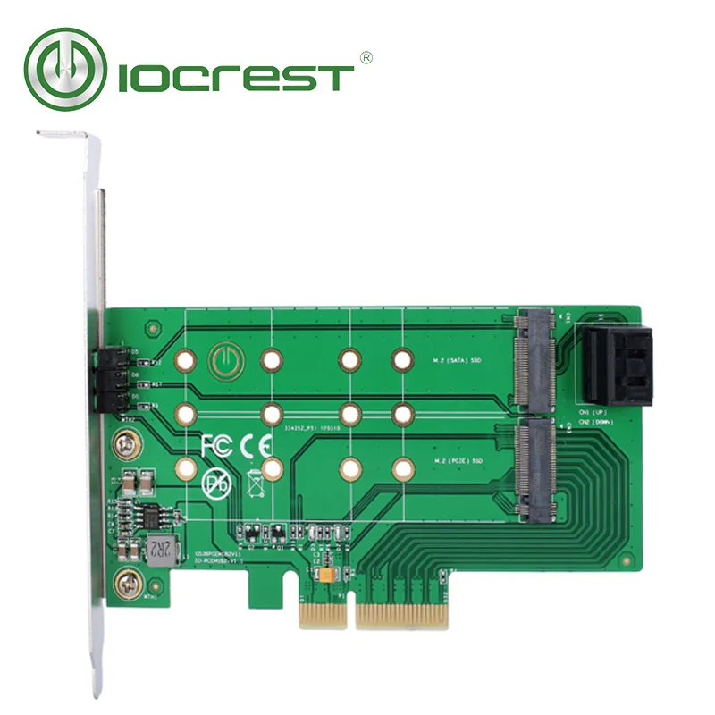 IOCREST PCIe x 4 to NGFF(PCIe) NVMe SSD and SATA to 2 x NGFF(SATA) Adapter Card