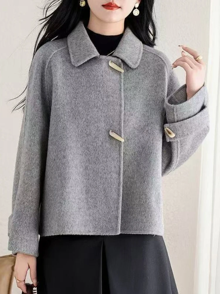 2026 Women's Korean Wool Blend Short Coat Petite Double Faced Horn Button Jacket Autumn Winter Fashion Outerwear