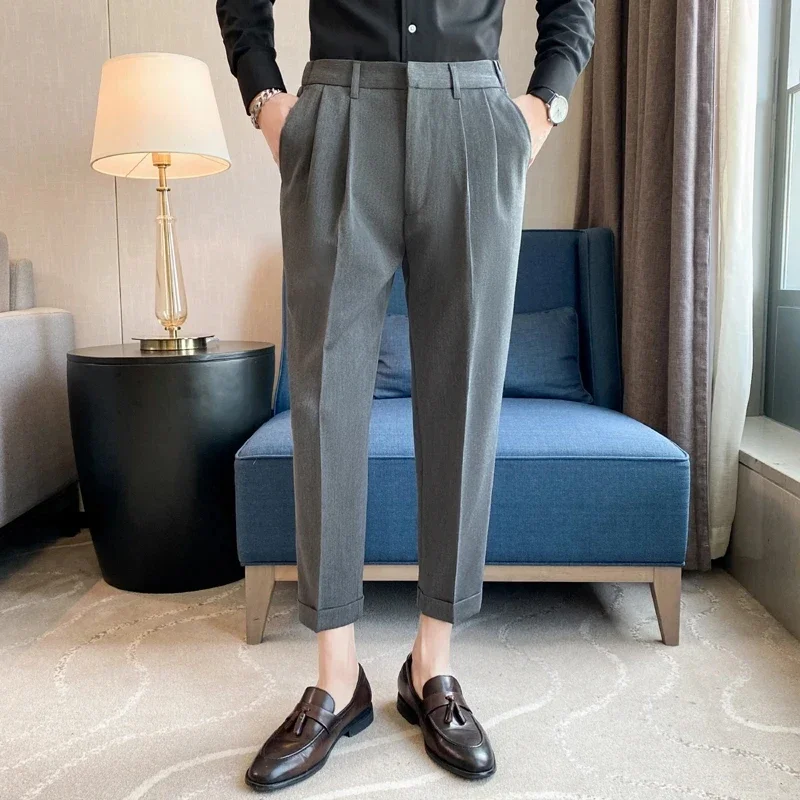 2025 Spring Mens Dress Pants Men High Quality Black Grey Pants Slim Fit Casual Business Knee Length Trousers 36 Men Clothing