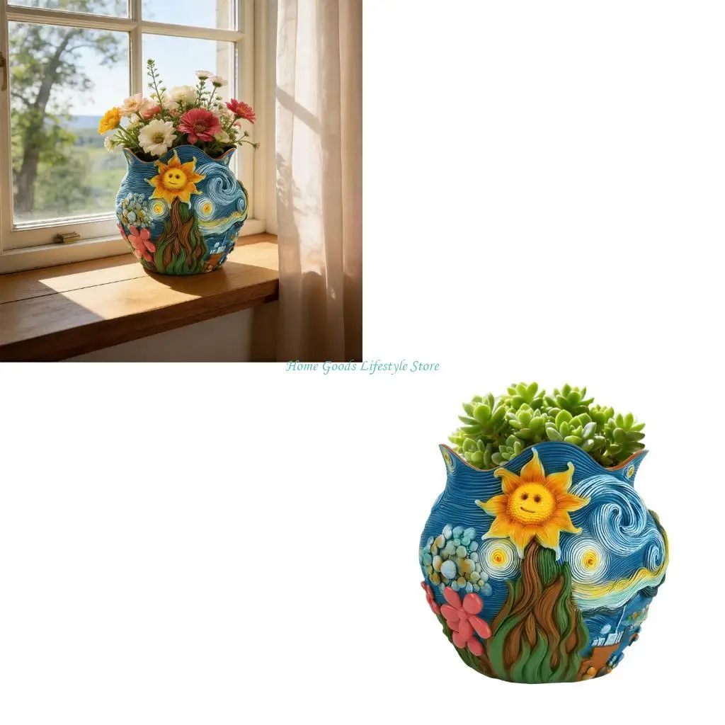 

E74E дизайн подсолнечника, цветочный горшок из смолы, декоративные стили плантатора для дома, сада, дренажное отверстие в