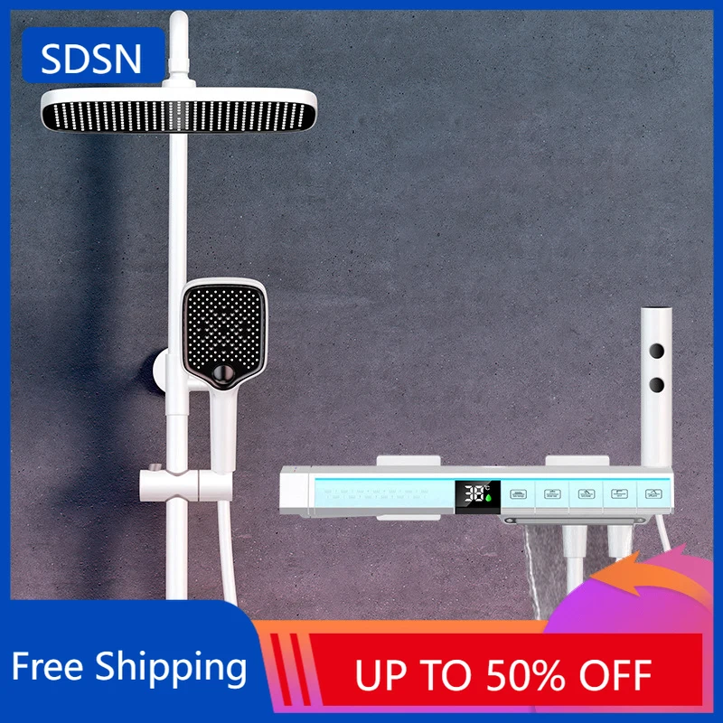 Branco termostático piano digital sistema de chuveiro do banheiro torneiras acessórios chuvas cabeça chuveiro quente e fria conjunto chuveiro digital