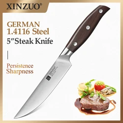 XINZUO 5'' Steak Knife Lasting Sharp Stainless Steel Kitchen Knife German 1.4116 Steel Nature Red Sandalwood Handle