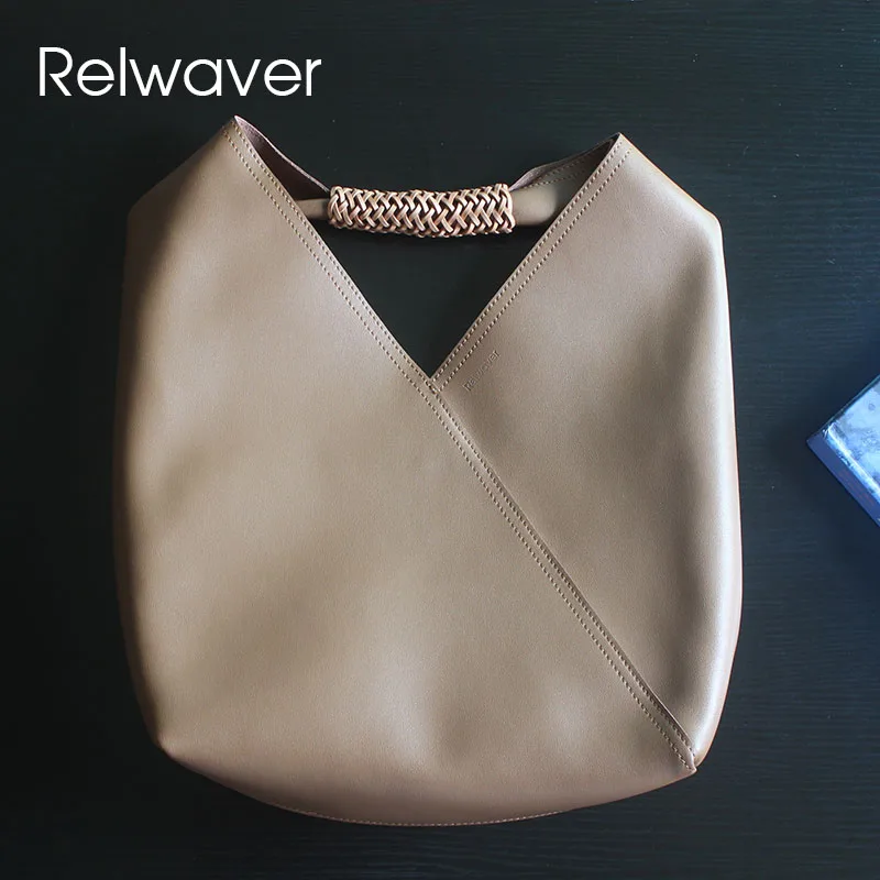 Relwaver women shoulder bag cowhide split leather bucket 2024 spring summer big tote bag hollow handle composite women handbags