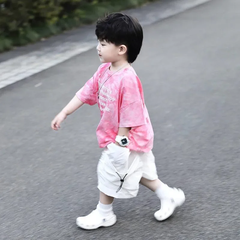 2-7Y Boys Summer Tie Dye Pink Short Sleeve T-Shirt And Shorts Set Handsome Two-Piece Outfit for Kids 90-140cm