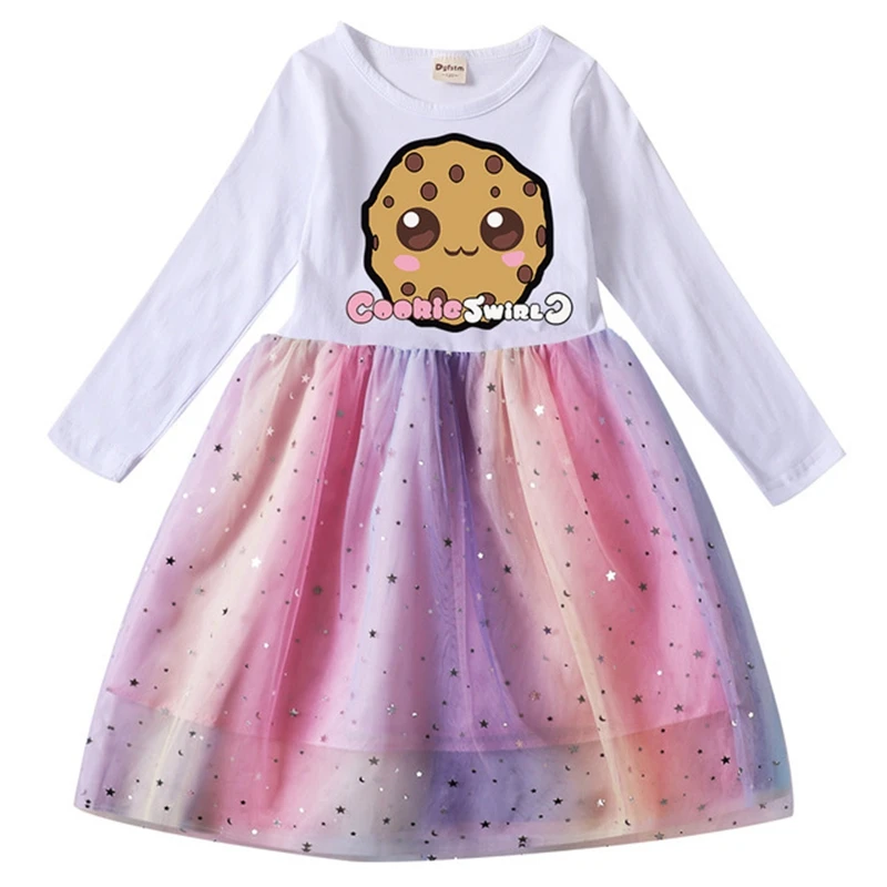 Baby Girls Cookie Swirl C Dresses Kids Cute Cartoon Costume Sequin Mesh Carnival Vestidos Children Long Sleeve Casual Dress