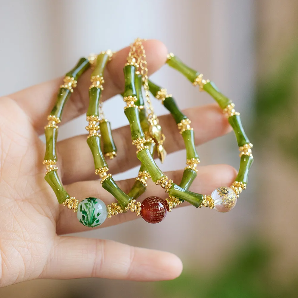 Neo Chinese Style Bamboo Joint Agate Heart Sutra Crystal Bracelet Minimalist Guofeng Lucky Couple Jewelry Fashion Accessory