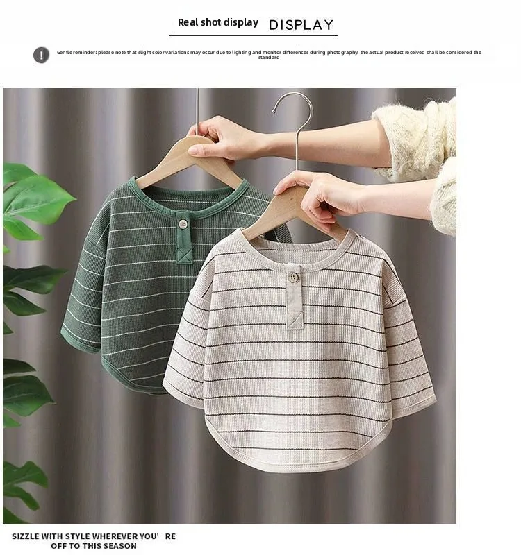 Kinder-Frühlings- und Herbst-Langarm-T-Shirt für Jungen und Mädchen, koreanisches gestreiftes T-Shirt, warmes Unterhemd für Kinder, schlichtes Oberteil für Babys – Detail 6