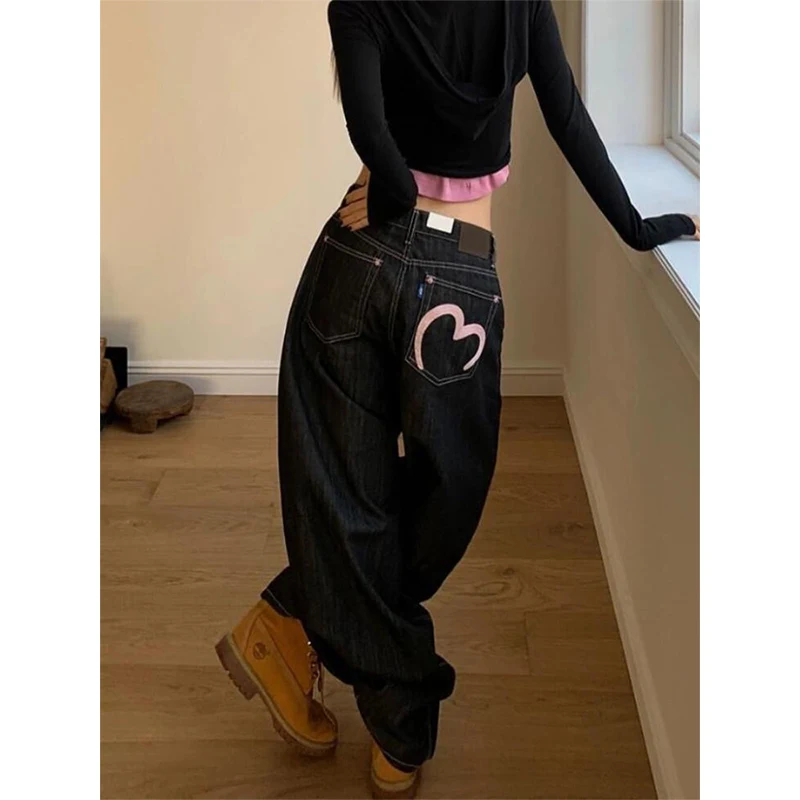 Women Vintage Love Print Baggy Jeans 2025 Autumn Harajuku Casual Wide Leg Pants Streetwear Y2K Aesthetic Denim Trousers