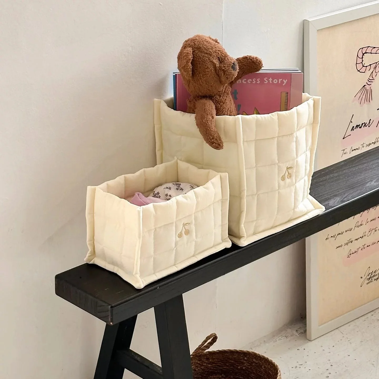 Cherry Embroidery Baby Diaper Storage Bag Plaid Quilt Cotton Baby Items Storage Box Nappies Toys Clothes Organizer Basket