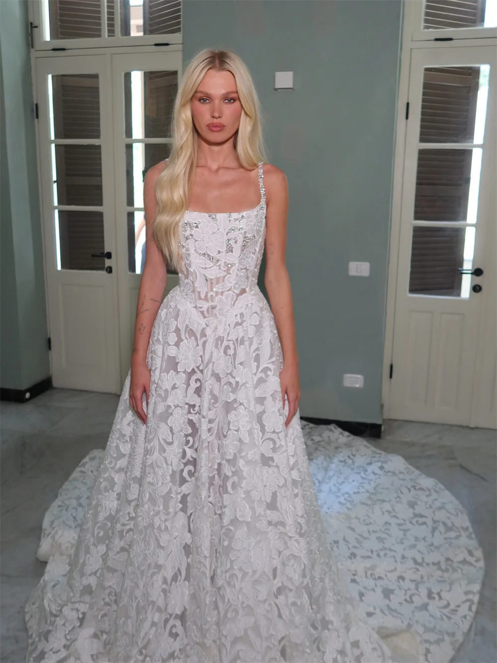 Kyoto personnalisé pleine dentelle Appliques a-ligne robe de mariée Spaghetti sangle Corset vestidos de novia parole longueur robes de soirée