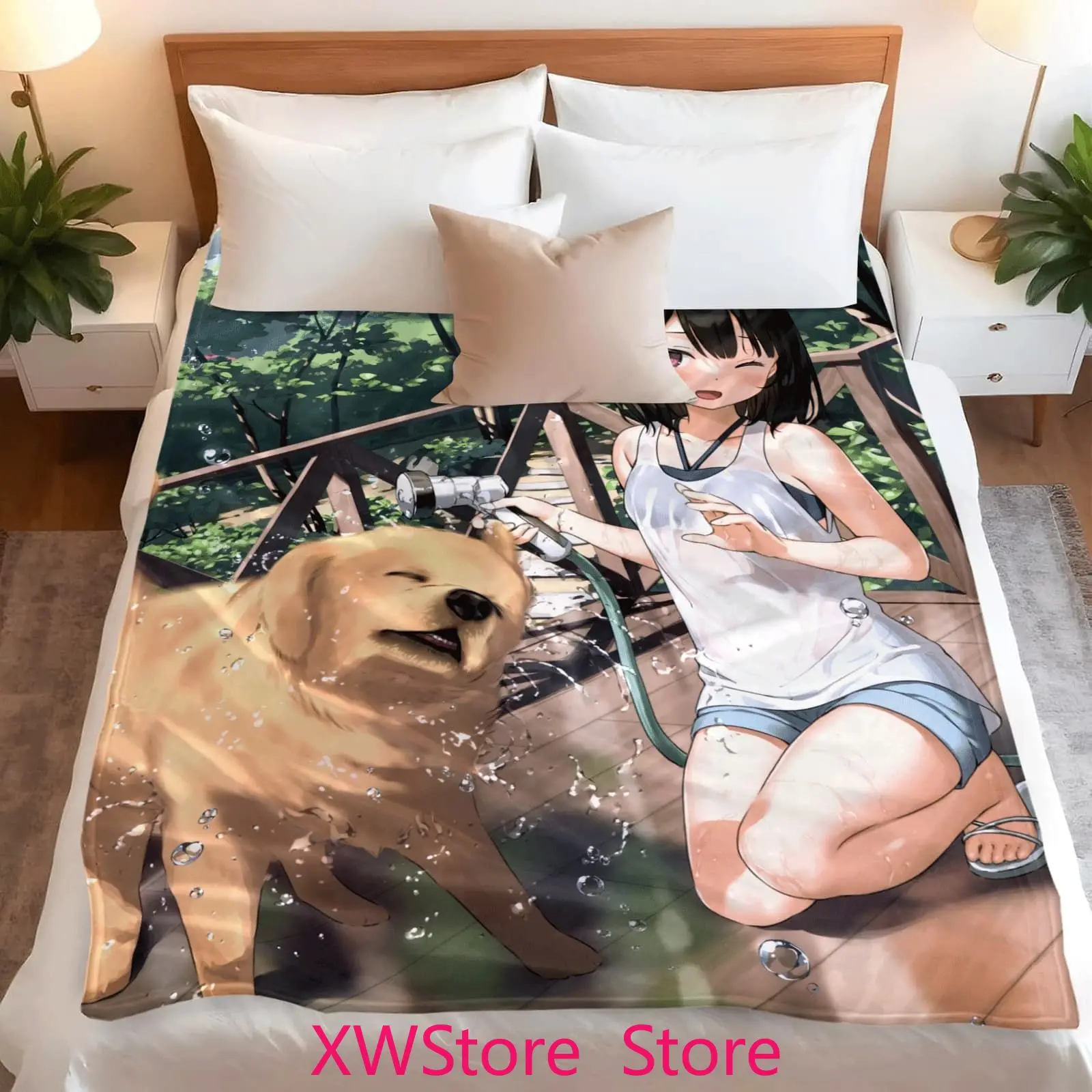 

Girl and Dog Anime Pattern Flannel Blanket Lightweight and Warm Perfect Choice for Sofa Bed Office Gift for Family and Friends