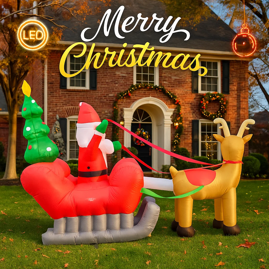 7.87피트 크기의 순록 썰매를 탄 산타클로스 풍선 장난감, 크리스마스 마당 장식, 크리스마스 용품, 장식품, 선물, 가정 장식, LED 포함