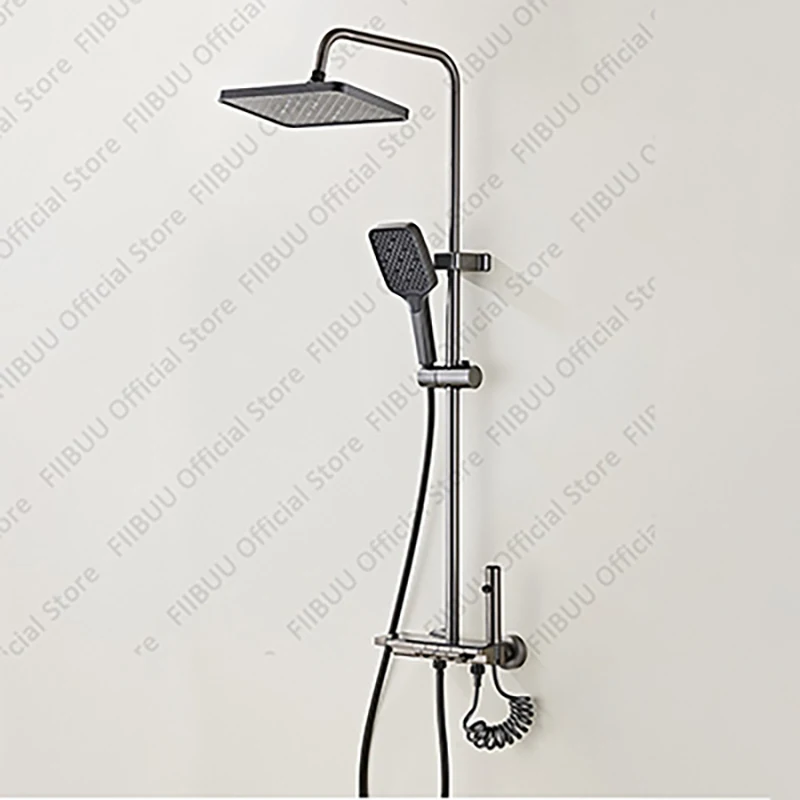 

Gun Grey Piano Four Button Shower System Overhead Mount Shower Head Combo Fashionable Hotel Home Bathroom Shower Head Full Set