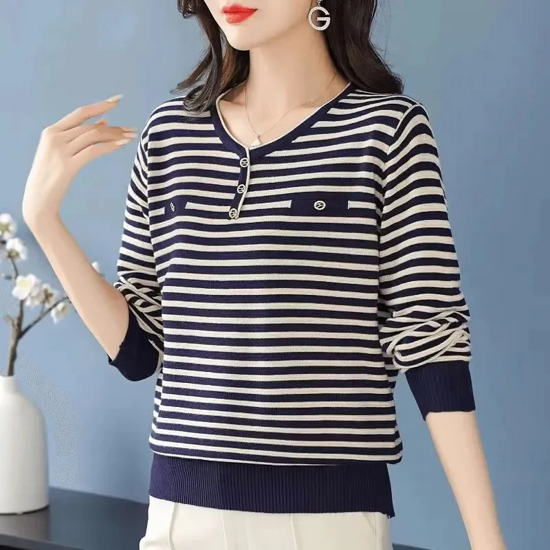 Women Thin Knitted Sweater Pullover Spring Autumn Large Size Fashion Stripes Sweater Coat Female Mother All-Match Knit Jumper