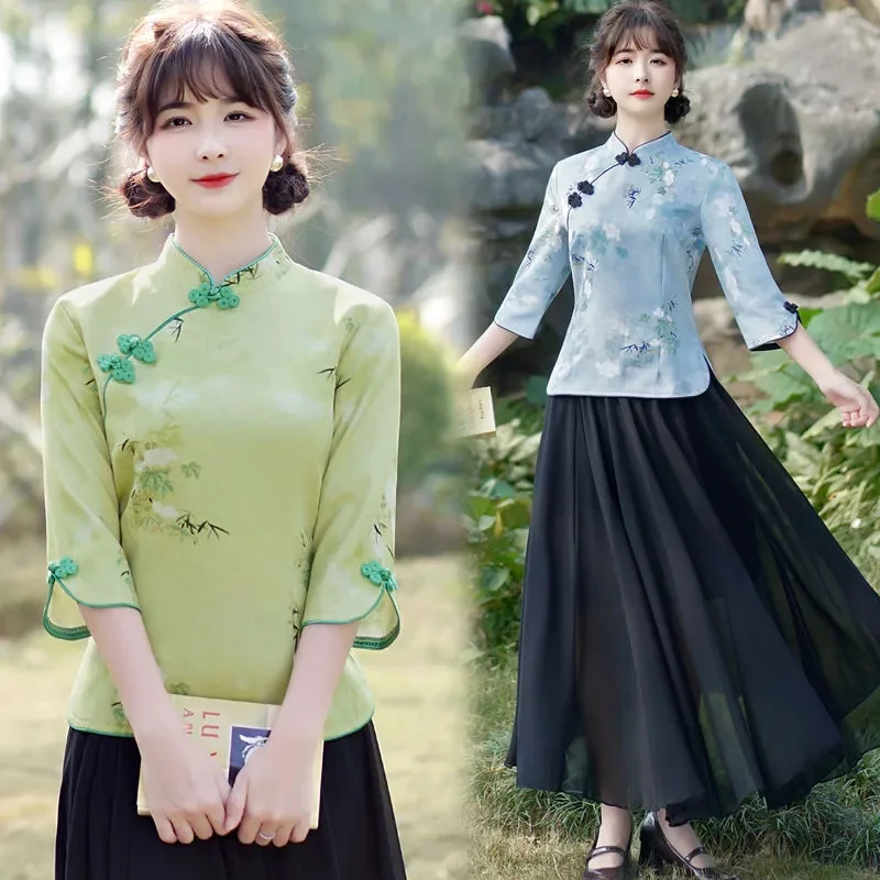 Autumn Women Large Size 5XL Half Sleeve Two-piece Suit Retro Ladies Improve Cheongsam 2025 High-end Femme Tea Art Costume 2PCS