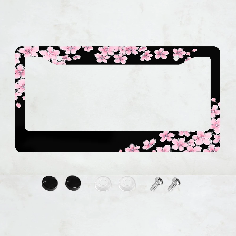 

1 шт. рамка для номерного знака с 2 отверстиями и розовым цветочным дизайном, черный алюминий, 6x12 дюймов, в комплекте с винтами, идеально подходит для украшения автомобиля.