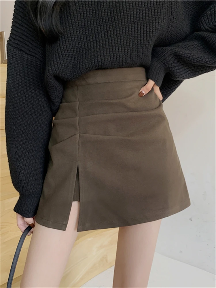 

Женская твидовая юбка А-силуэта с высокой талией, разрезом и плиссировкой, однотонная, в корейском стиле, для повседневной носки