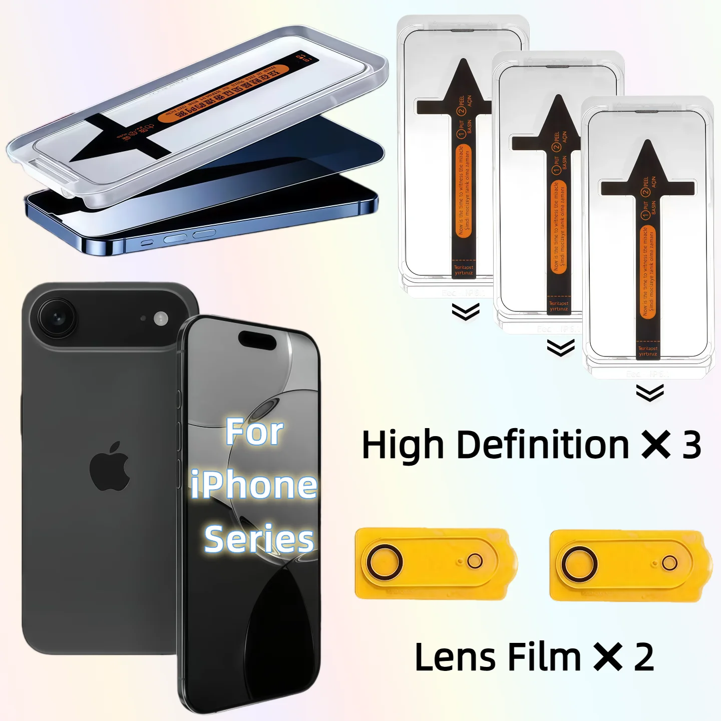 

3PCS HD tempered glass screen protector for iPhone Air/17ProMax/16Plus/15Pro/14/13/12/11 series + 2PCS rear camera lens protecto