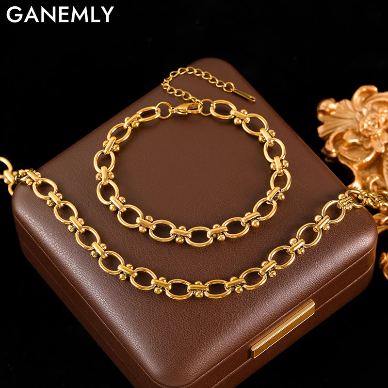 GANEMLY 316L Stainless Steel Metal Chain Necklace Bracelet Set For Women New Trendy Waterproof 18K Gold Plated Jewelry Lady Gift