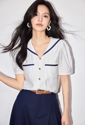 French Sailor Collar Chiffon Shirt for Women 2024 Summer New Korean Fashion White Short Sleeve Blouse Tops Mujer Camisa Feminina