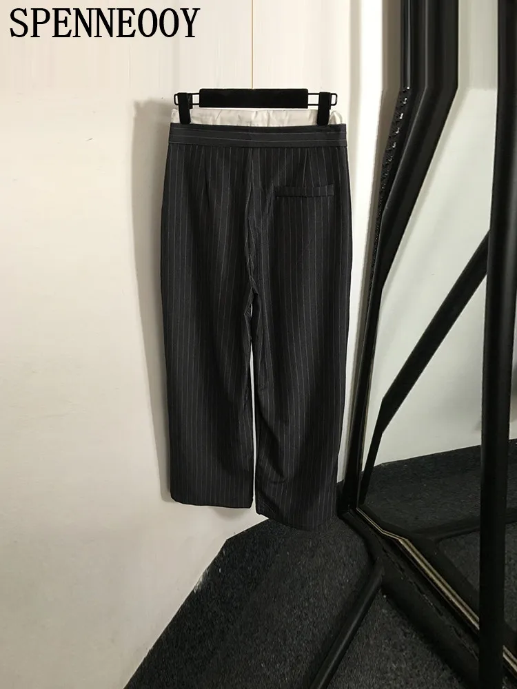 SPENNEOOY Fashion Runway Autumn Striped Casual Trousers Women's Drawstring Waist Pocket Straight Barrel Pencil Trousers