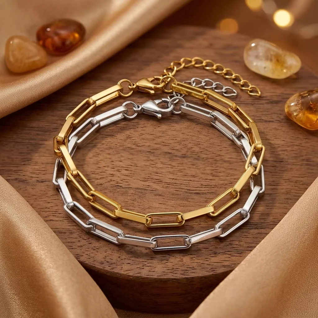 Unisex Stainless Steel Paper Clip Chain Bracelet Adjustable 19+5cm 4mm Width Minimalist Man Bracelet, Kawaii Jewellery for Woman