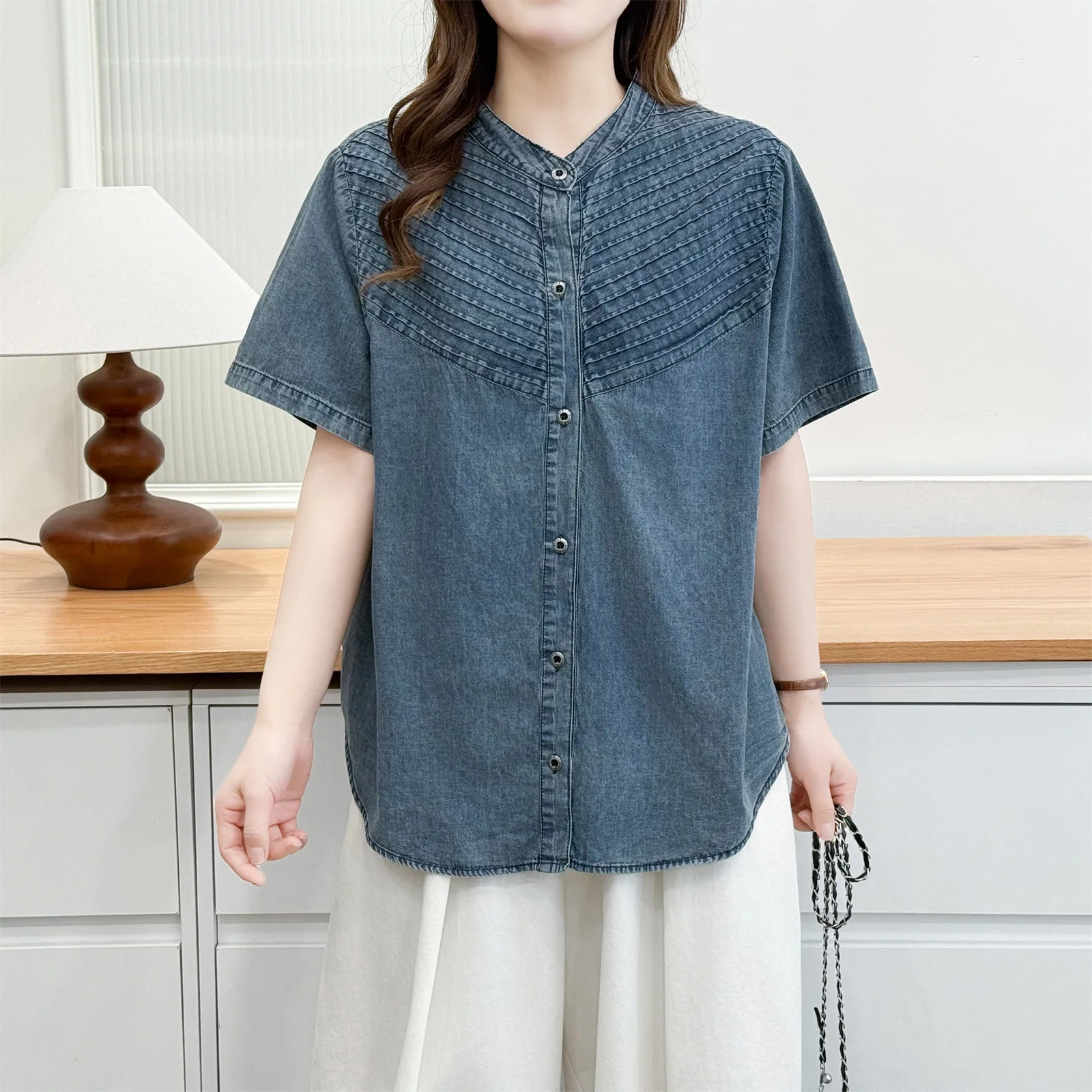 2026 Summer Plus Size Thin Denim Pleated Open Blouse Short Sleeve Daily Shirt Curvy Ladies 2603 view 2