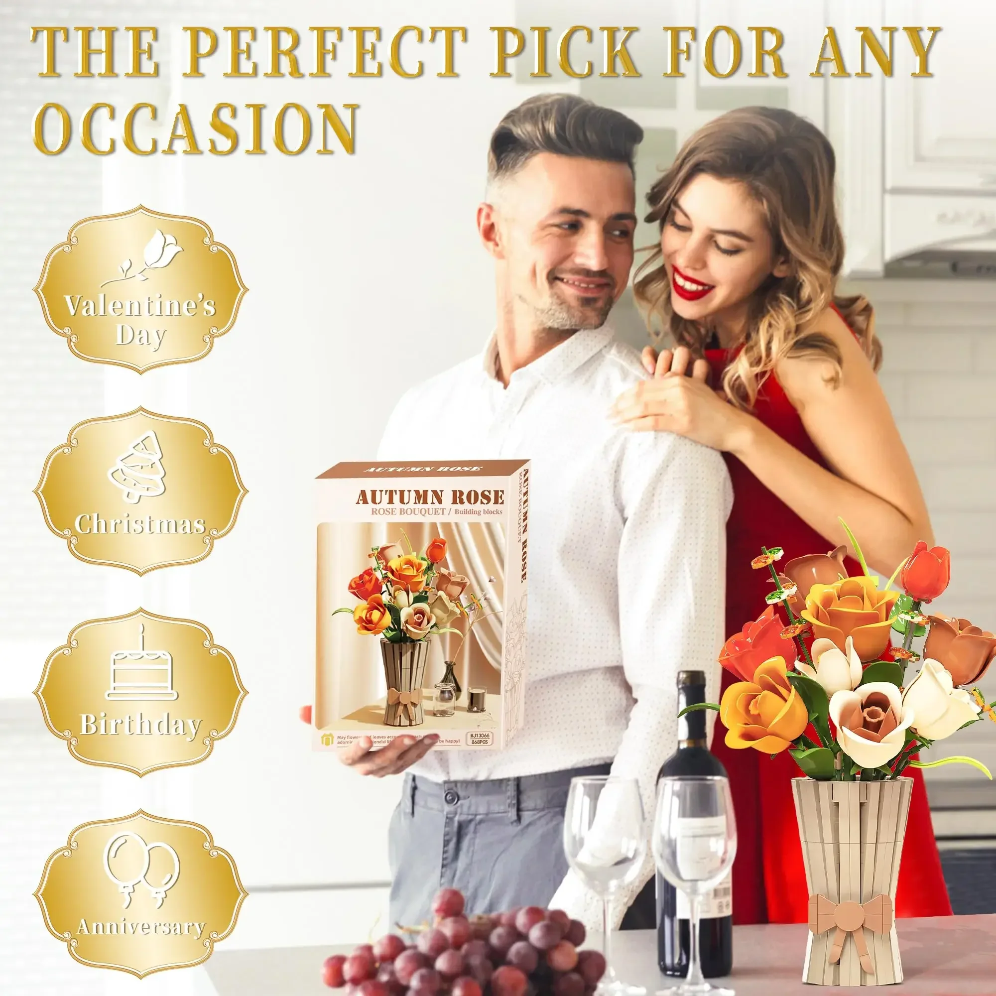 868PCS Rose Bouquet Building Blocks Eternal Flower Vase Bricks Home Decoration Girl Romantic Valentine\'s Day Gifts Kids DIY Toys