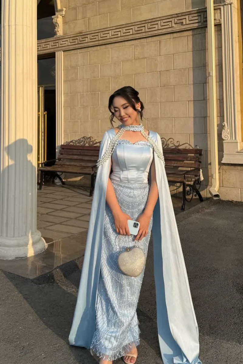Jessica Elegant Ladies Luxury Evening Dresses Sky Blue Beads Prom Dresses Satin Shawl Party Dresses Vestidos De Gala