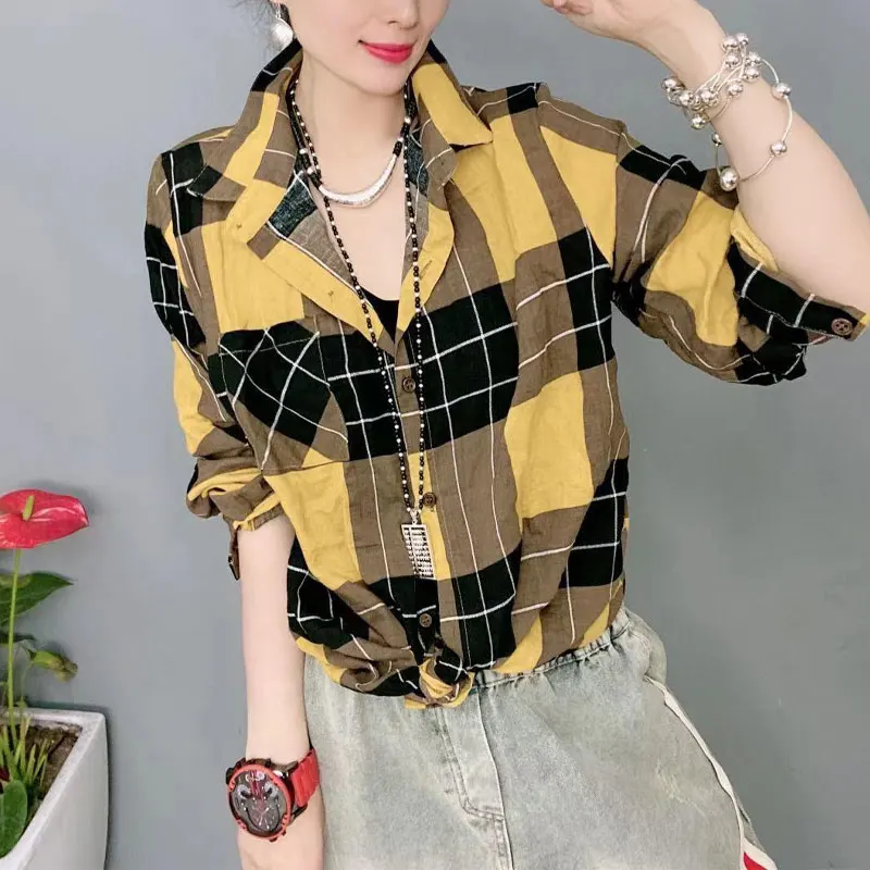 Commute Contrasting Colors Plaid Blouse Spring Autumn Single-breasted Women\'s Clothing Loose Lapel Casual Pockets Spliced Shirt