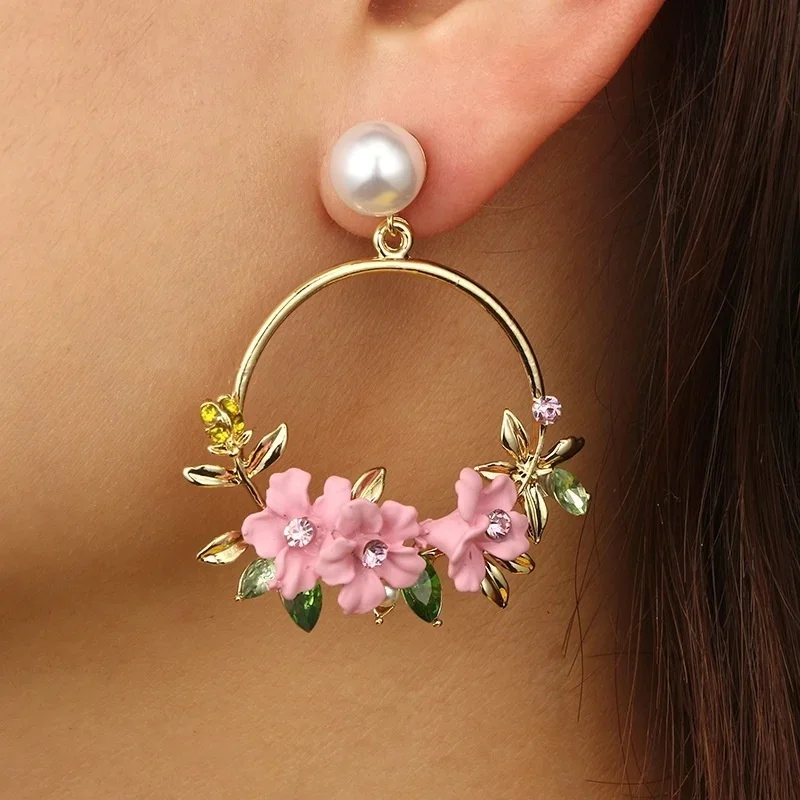 Delysia King  Women Cute Round Pearl Flower Earrings Plant Romantic Rhinestone Aestheticism Eardrop