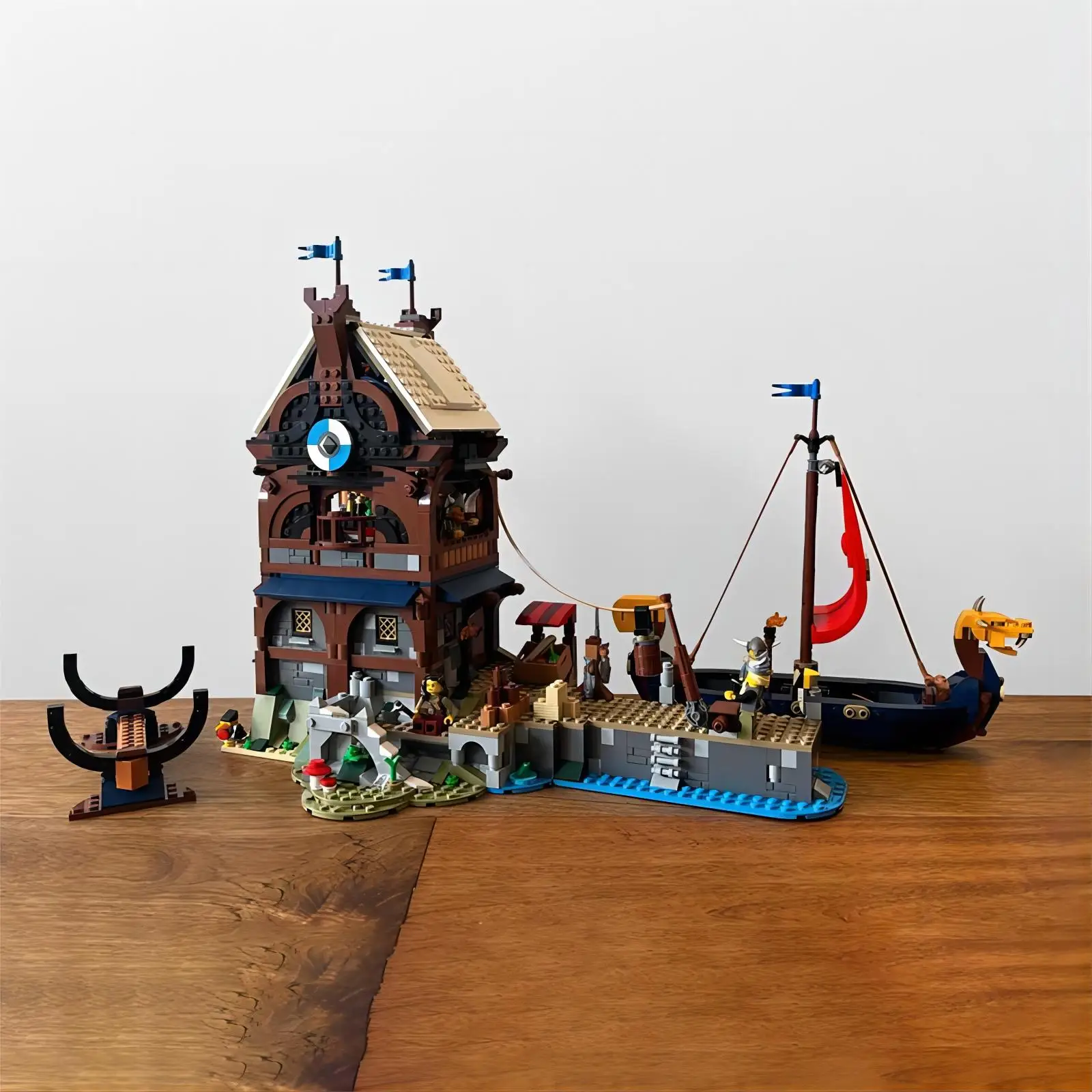 MOC building block medieval building viking dock + viking ship scene puzzle assembly toy ornament