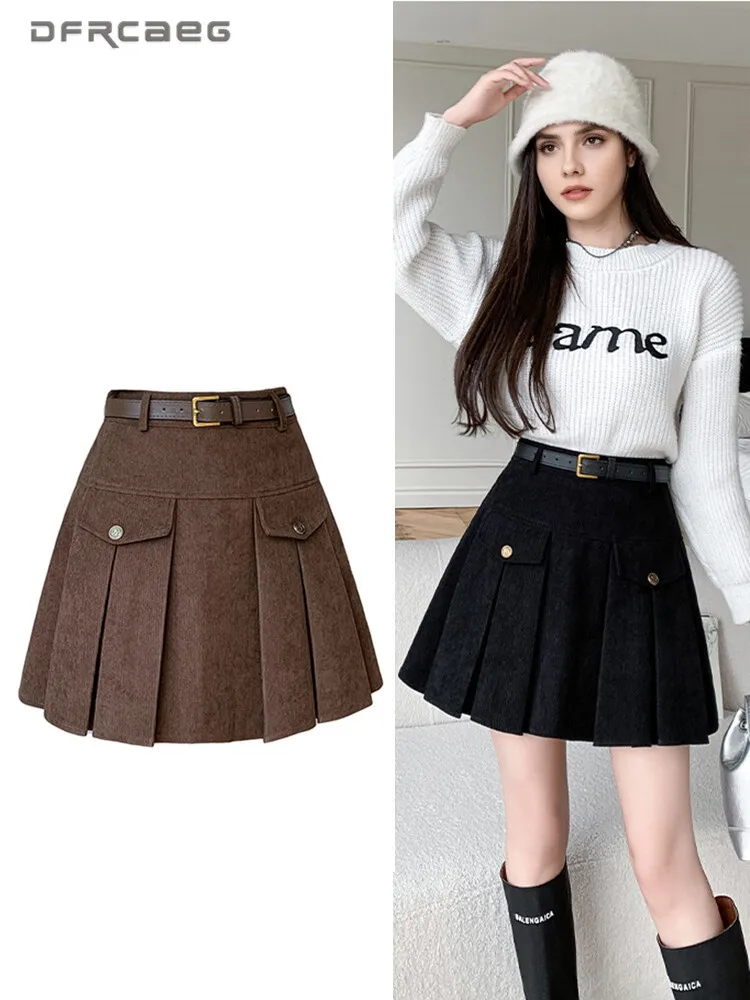 College Style Vintage Mini Corduroy Skirt For Woman Autumn Winter Streetwear Slim Short A-line Skirts With Pocket