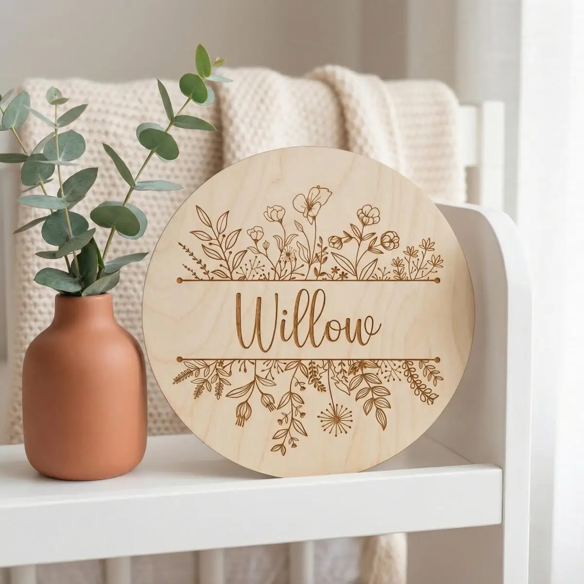Personalized Floral Round Wooden Baby Name Plaque, Newborn Announcement Photo Prop, Nursery Wall Hanging Decor, Baby Shower Gift view 2
