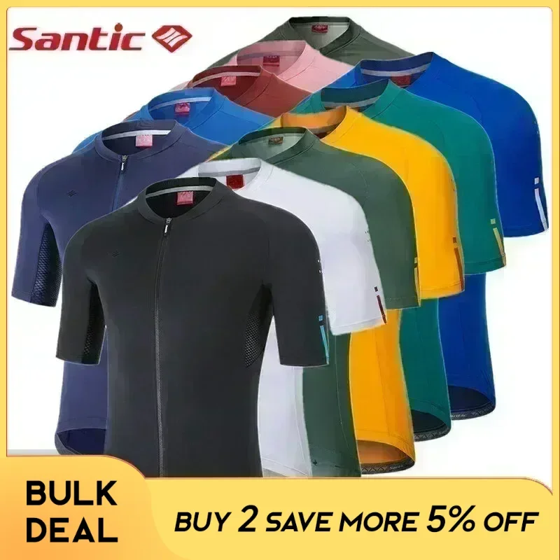 Santic Men’s Cycling Short Sleeve Summer MTB Bike Shirts Quick Dry Breathable Mesh Full Zipper Jersey Cycle Clothing Asian Size