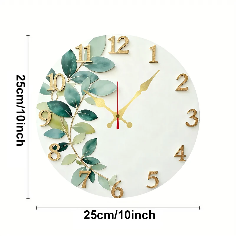 Green Leaf Theme Wooden Round Silent Hanging Wall Clock, Suitable For Living Room, Office, Study Room, Bedroom, Home Decoration
