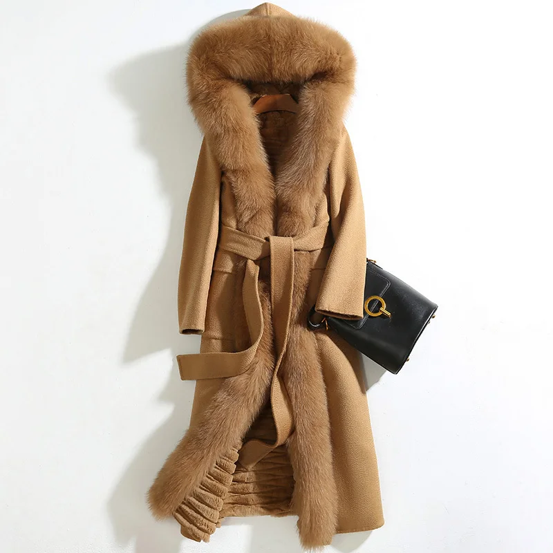 2024 Women's Luxury Winter Wool Coat Real Rex Rabbit Fur Lining Thick Warm Fox Fur Trim Trench Coat